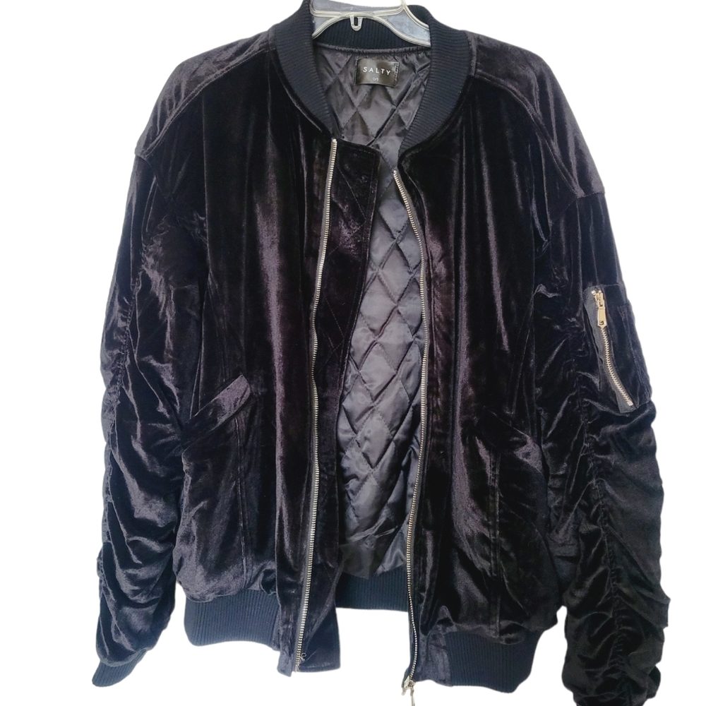 NWT Black Velvet Ruched Sleeve Bomber Jacket - Picture 8 of 13